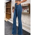 thumbnail image 7 of Women's High Waisted Flare Jeans, Medium Blue Wash, with Button Fly and Vertical Seam Details, Retro Stretch Denim Pants, 7 of 7