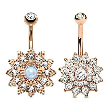 Multi Color Jeweled Flower - BodyJ4You Belly Button Ring Jeweled Flower Crystal Created-Opal Rose Goldtone 14G Piercing Bar 2-Piece