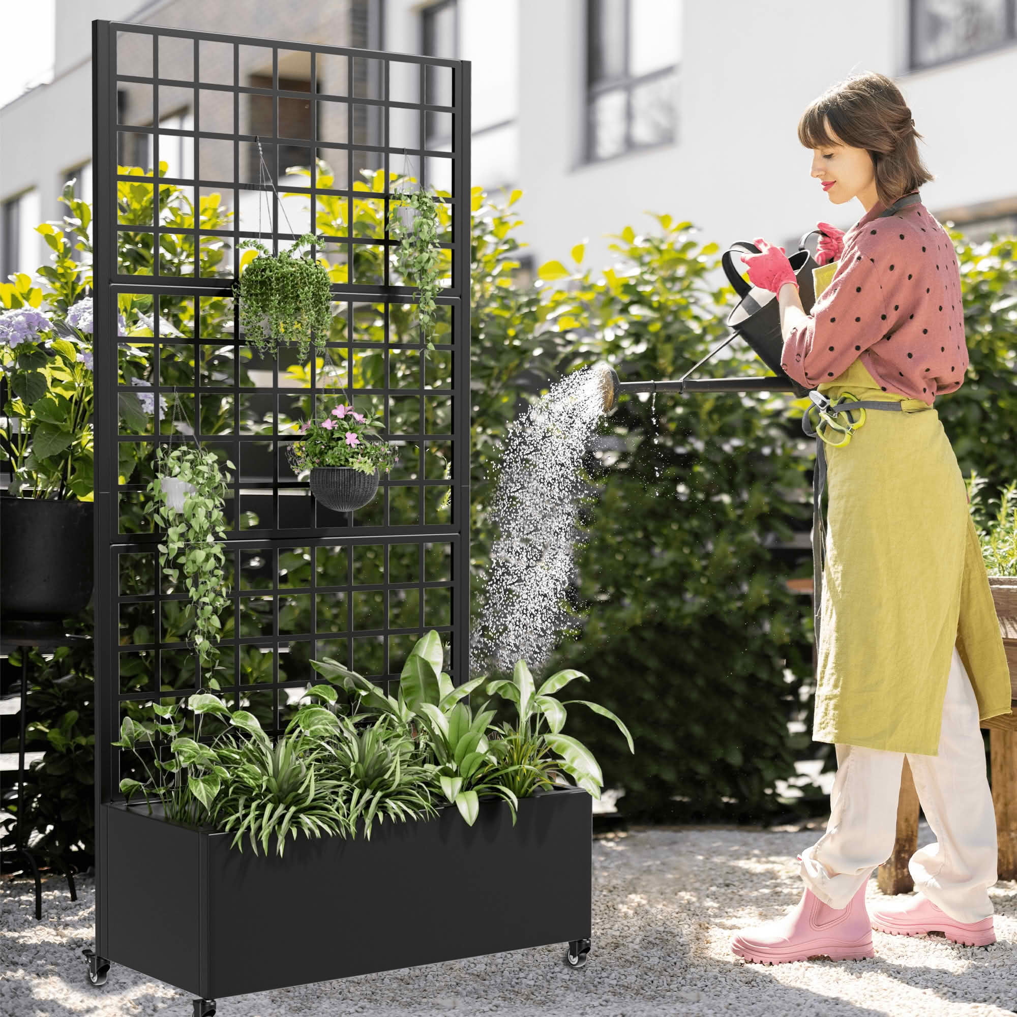 MAYEERTY 72x35x16 Inch Black Metal Rectangular Planter Box with Trellis, 5 Piece Set for Outdoor Garden & Patio