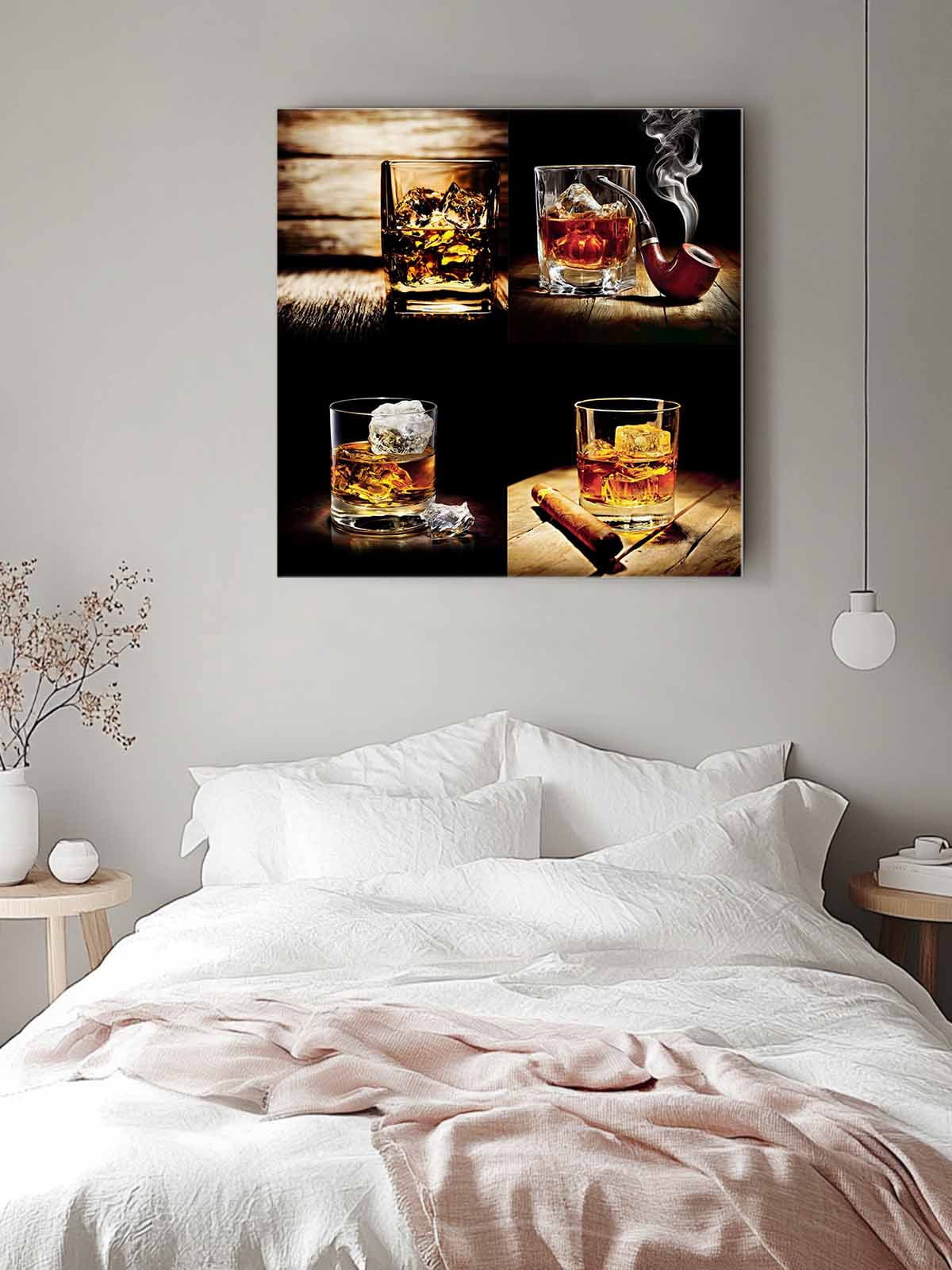 Whisky Glass Canvas Wall Art, Wine Cigars Old Wood Grain Ice Cubes Framed Wall Decor Modern Artwork Prints Painting for Living Room, Bedroom, Kitchen & Cafe Decor 28x28 Inch