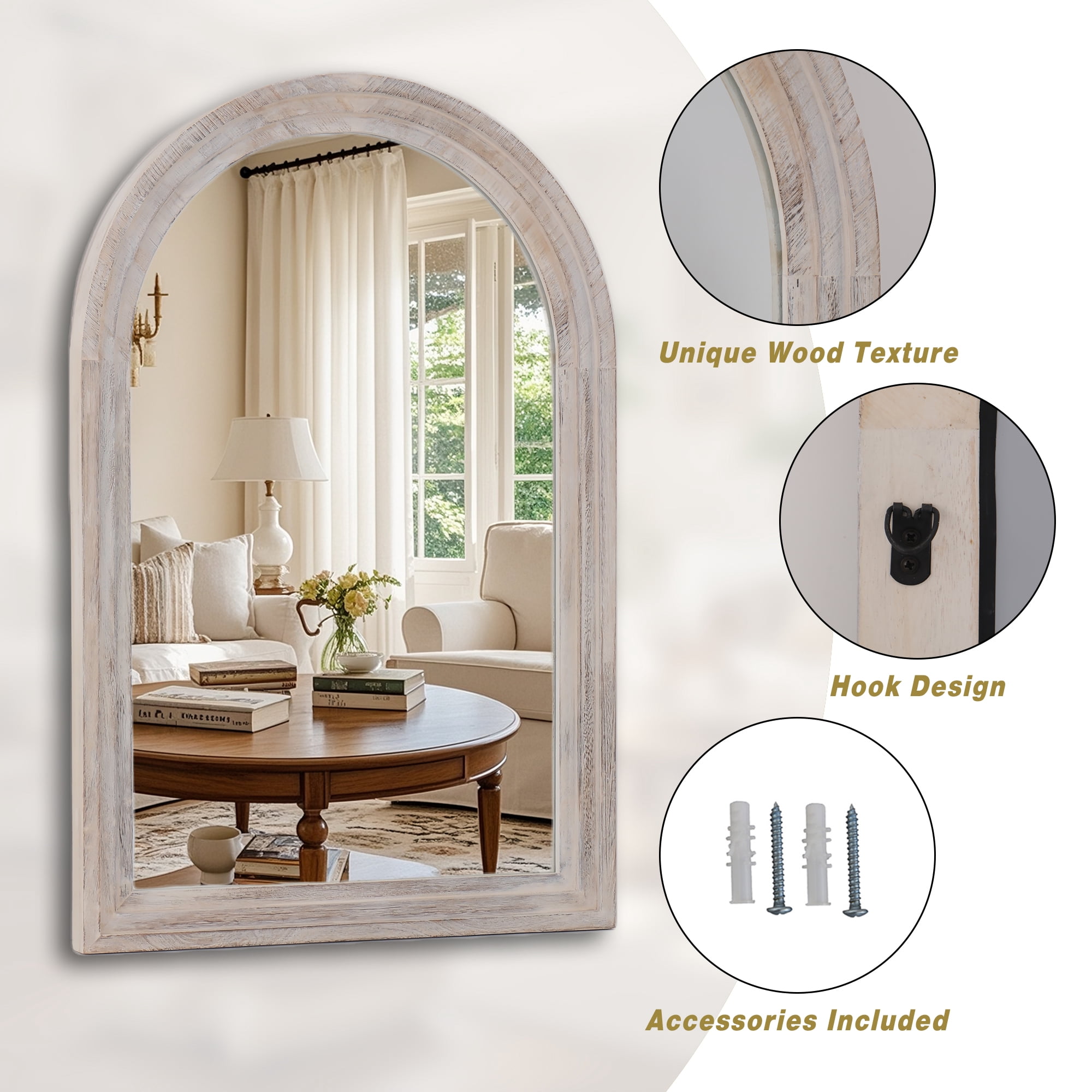 Mirrasia 24"x 36" Arched Vanity Mirror Decor Wall Mirror with Solid Wood Frame, White