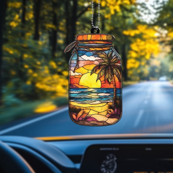 Window Hanging Acrylic Beach Sunset Mason Jar, Car Decoration, Stained Glass Style Suncatcher, Unique Gift for Dad or Mom, Coastal Home Décor, Tropical Boho Art, Relaxing Ocean View