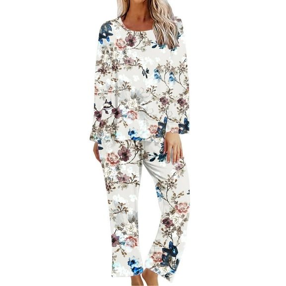 WREESH Womens Pajama Sets Printing Round Neck Short Sleeve Sleepshirt And Pants Two Piece Sets S Loungewear Pajamas With Pockets Beige