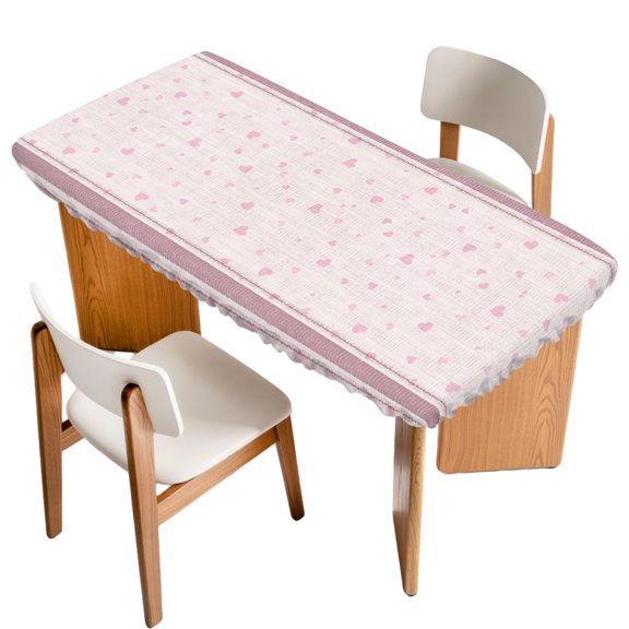 Pink Hearts Fitted Rectangle Tablecloth 32" x 72" Romantic Floating Sweet Love Motifs Linen Textured Elastic Table Cloth Fits for 6 Foot Folding Tables Waterproof Table Cover for Picnic Camping