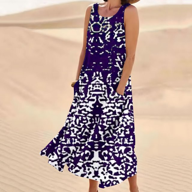 LOVZFMLL Robes Sans Manches pour Femmes et Col Rond en Lin Imprimé Longue Robe avec Poche