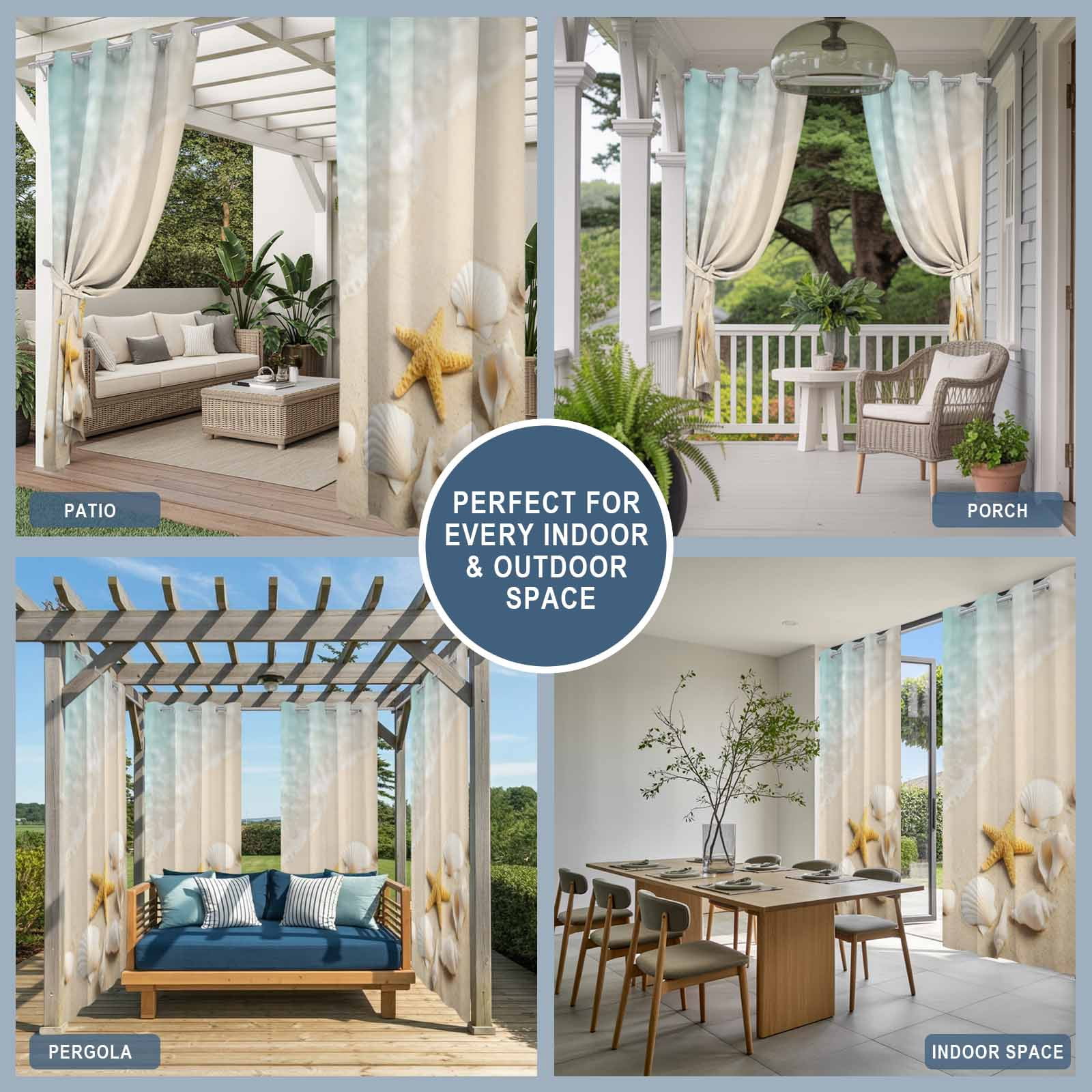 Ocean Outdoor Curtains for Patio, Summer Beach Teal Sea Wave Starfish Seashells Beige Sand Sunshade Privacy Drapes Grommet Waterproof Outside Curtains for Porch/Cabana/Balcony 54"x 108", 2 Panel