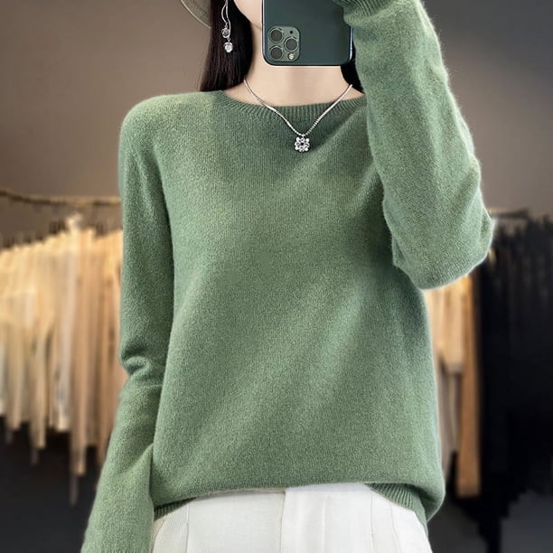 Suéter de cachemira pura de otoño e invierno para mujer, jersey corto de cuello redondo, jersey de manga larga de lana de tubo recto, suéter versátil