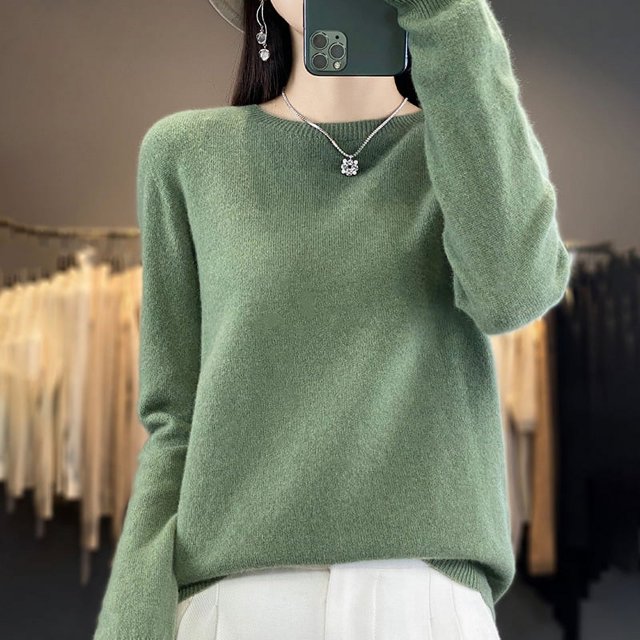 Suéter de cachemira pura de otoño e invierno para mujer, jersey corto de cuello redondo, jersey de manga larga de lana de tubo recto, suéter versátil