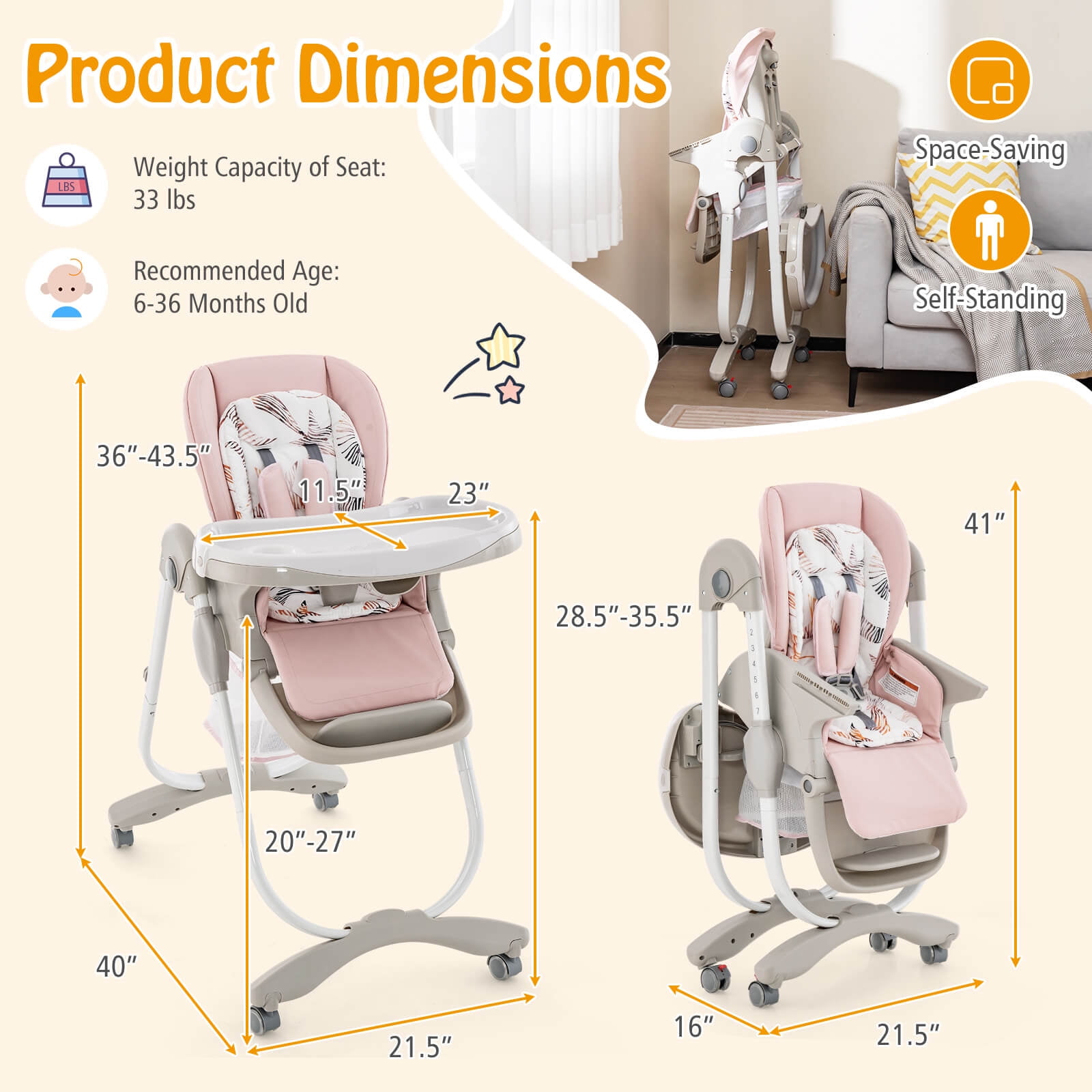 Infans High Chair for Babies & Toddlers w/ Rolling Wheels Adjustable Height Footrest
