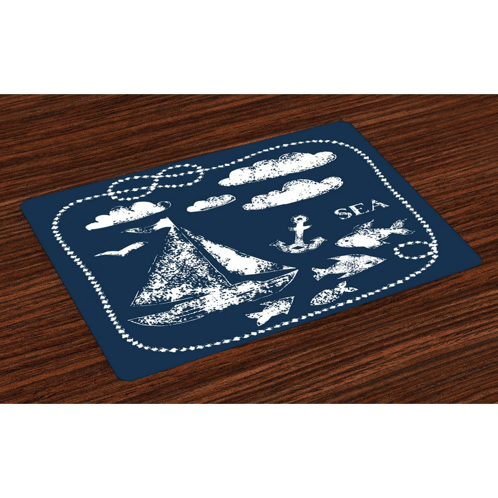 Navy Blue Placemats Set of 4 Sea Themed Hand Print Grunge Elements