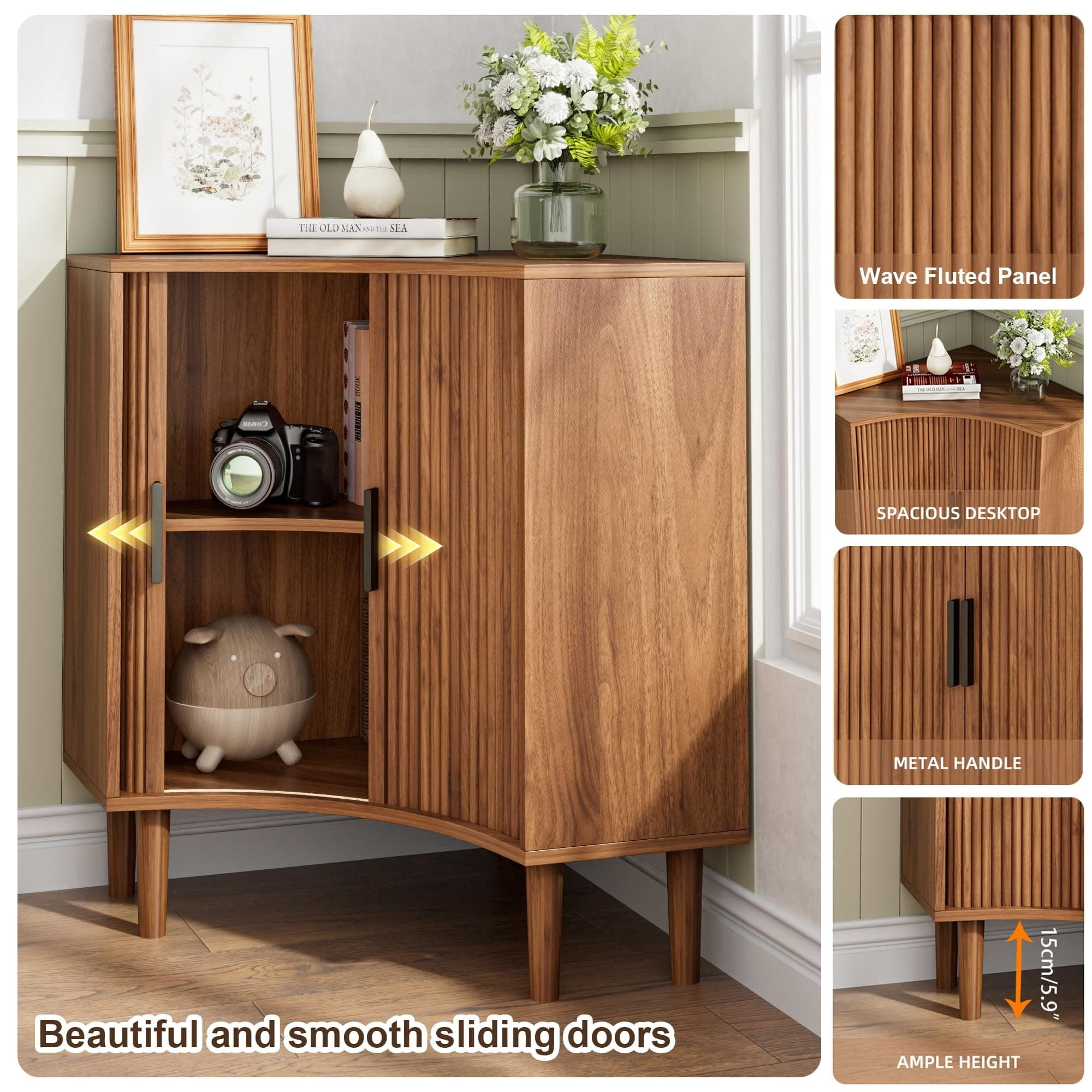 Modern Fluted Corner Cabinet with Sliding Doors, Small Wood Corner Storage for Small Space, Walnut