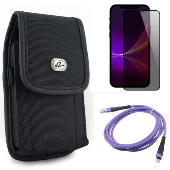 Case Belt Clip & 6ft USB Cable & Privacy Screen Protector for iPhone 13 Pro Max ONLY - Rugged Holster Canvas   Purple Charger Cord Power   Tempered Glass Curved Anti-Spy Combo
