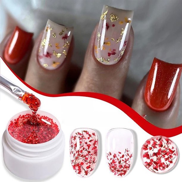 Pegamento para uñas con flores secas, transparente, con purpurina brillante, estilo hadas de las flores, 8 ml. Esmalte de uñas de plástico.