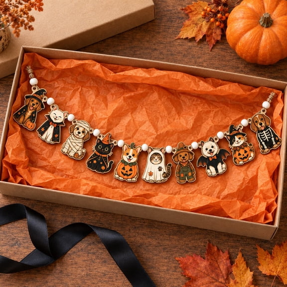 Wooden Halloween Pet Costume Crew Garland for Mantel Display, Animal Lovers