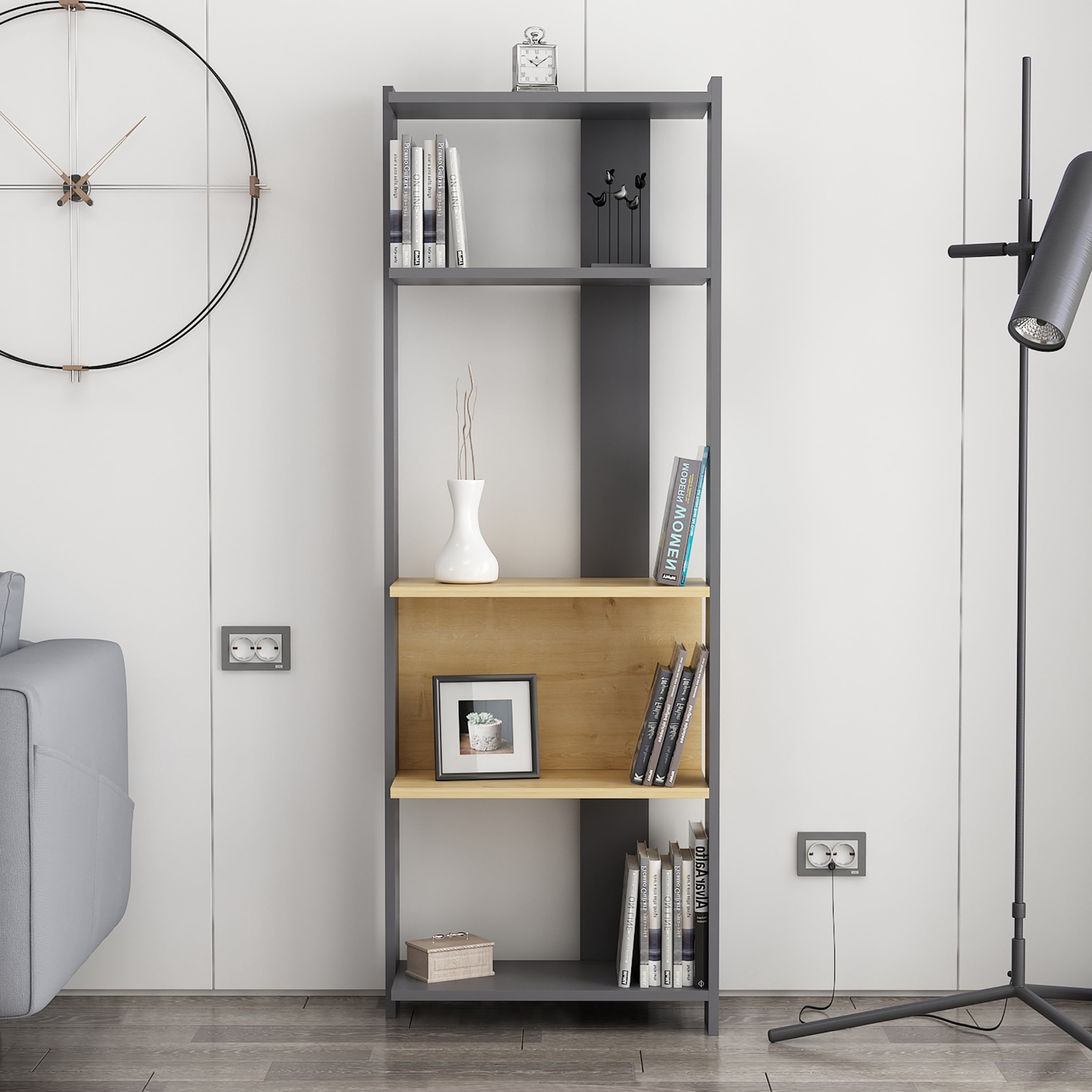 Ada Home Decor Abis 4 Tier Open Shelf Narrow Modern Bookcase, Anthracite/Oak