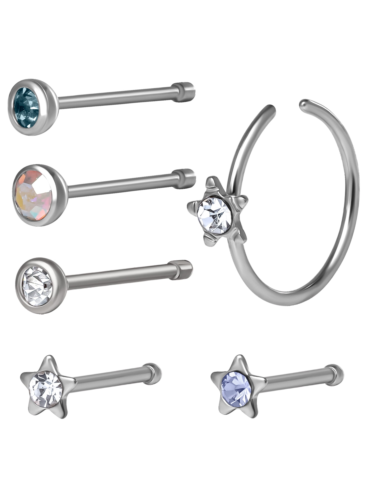 Sterling Silver CZ Earrings & Surgical Steel Nose Studs Set for Women