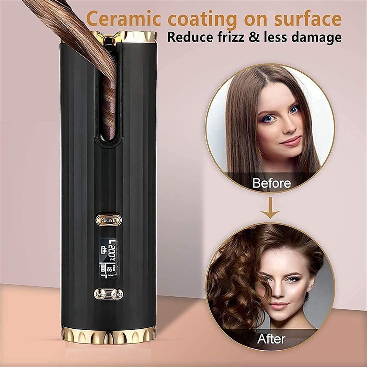 Cordless Auto Hair Curler, Automatic Curling Iron with LCD Display Adjustable Temperature & Timer, Portable Rechargeable Rotating Ceramic Barrel Curling Wand Fast Heating for Hair Styling