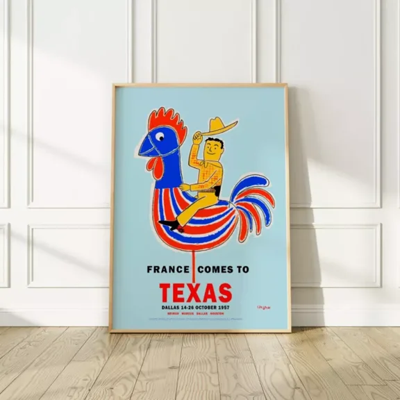 Kna Prints - France Comes To Texas 1957 Exhibition Poster By Savignac, No Frame, Matte Paper For Home Decor, Living Room, Bedroom, Office, UNFRAMED-8x12