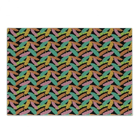 Tropical Cutting Board, Banana Leaves in Different Colors on Dark Background Exotic Fruit Tree Jungle, Decorative Tempered Glass Cutting and Serving Board, Small Size, Multicolor, by Ambesonne