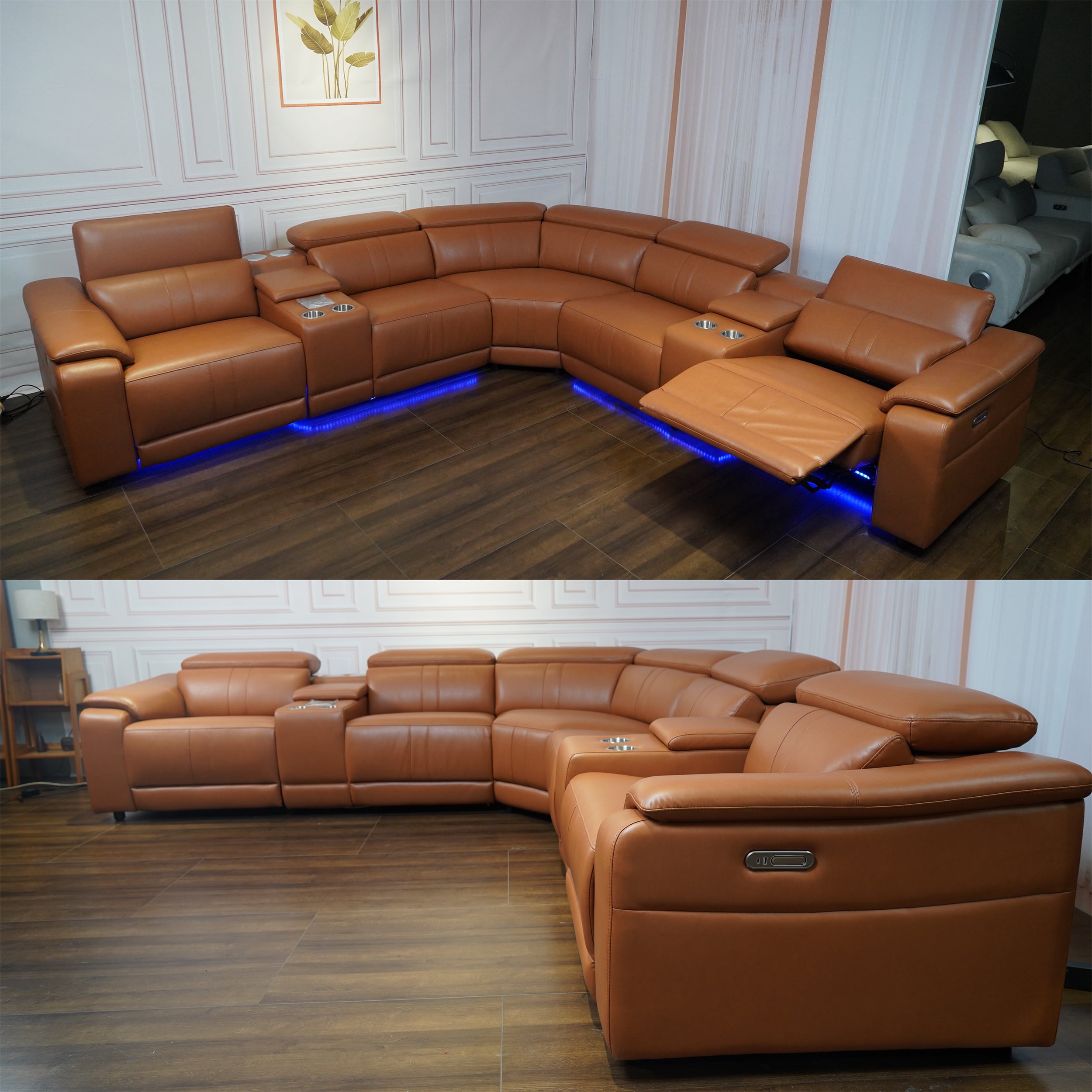 Arron Modern Leather Power Reclining Sectional Sofa with Media Console, Wireless Charging, Bluetooth Speakers, and Ambient LED Under-Glow, Caramel