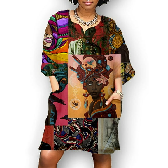 Summer and Spring Dresses for Women 2024 Casual Women Fashion African Vintage Print Middle Sleeve V Neck Casual Mini Dress