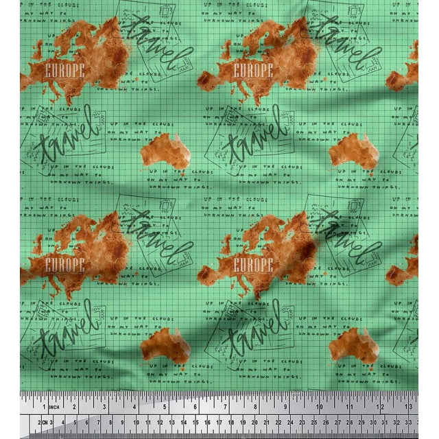 Soimoi Green Moss Georgette Fabric Text & Europe Map Travel Printed Fabric 1 Yard 42 Inch Wide