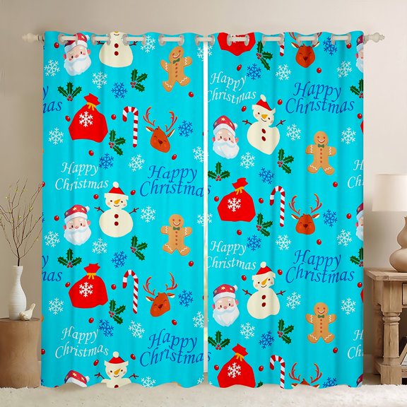 Homewish Cute Santa Claus Black Out Curtains,Happy Christmas Curtains Pack of 2 (42x63 Each),Snowman Gingerbread Man Pattern Bedroom Curtains For Girl,Microfiber Bedroom Decor