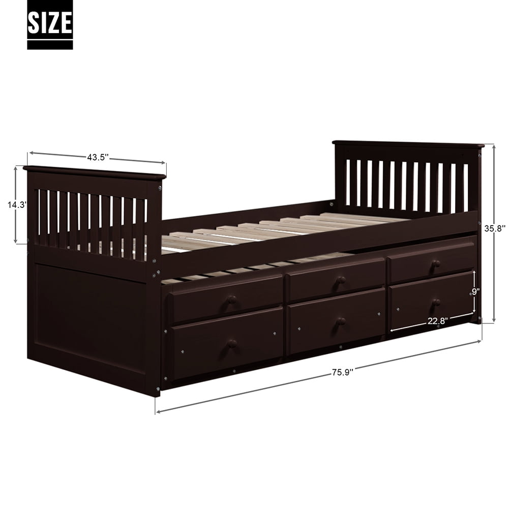 Lowestbest Solid Wood Captain's Bed, Twin Daybed with Trundle Bed and 3 Storage Drawers