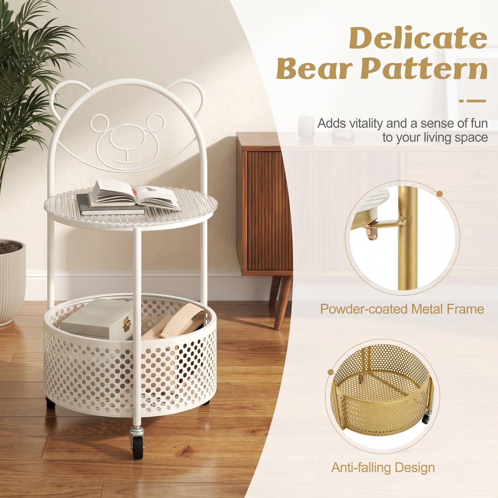 Furnibear Modern Sofa Side Table with Lockable Wheels, Round Tempered Glass End Table with Metal Storage Basket for Living Room Bedroom Study, Rolling C-Shaped, White