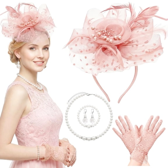 Blush Pink Fascinators Hat for Women, Tea Party Fascinator Headband Clip with Pearl Jewelry and Lace Gloves, Wedding Tea Party Accessories for Ladies