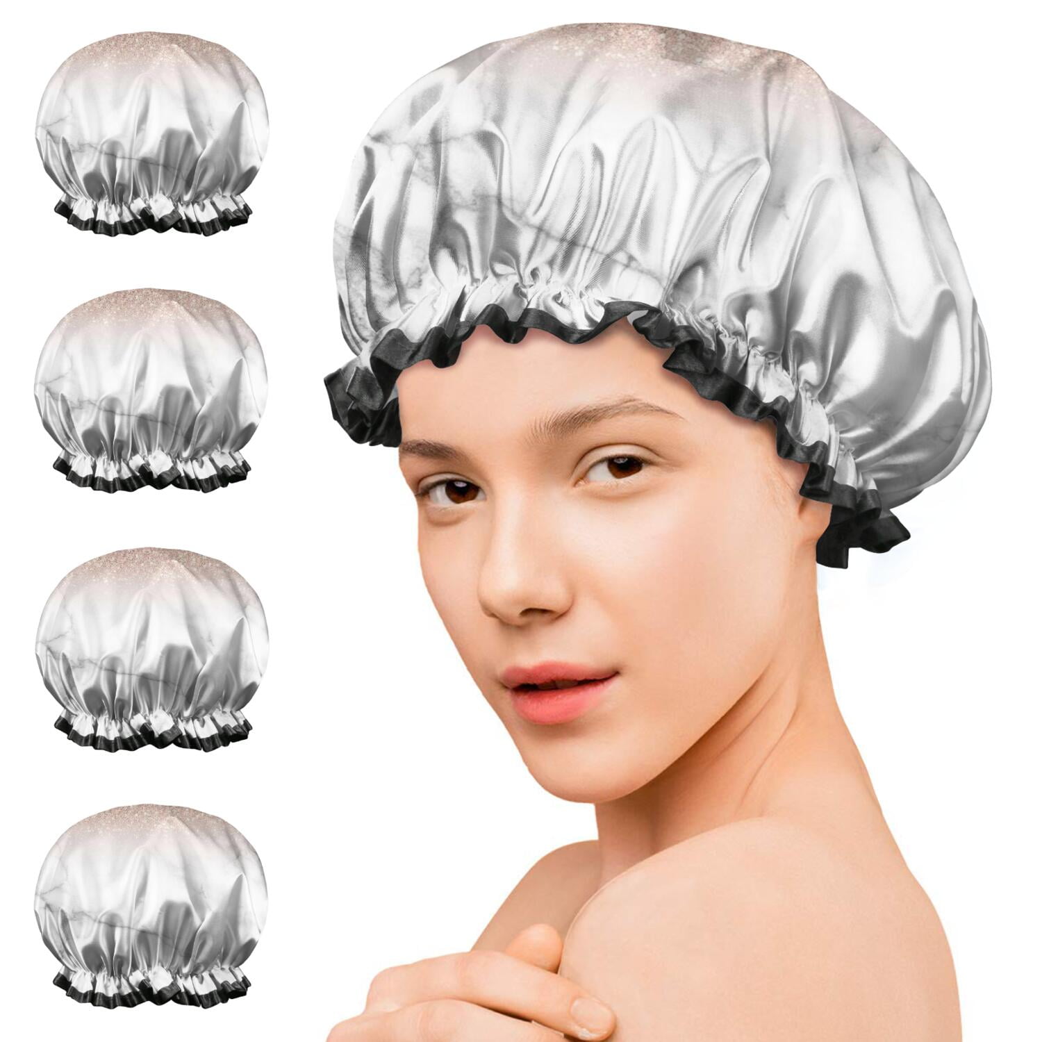 Shower Caps,Pink Glitter White Marble Pattern Waterproof Shower Cap for Women 4 Pieces,Double Reusable Hair Cover for Shower PEVA Elastic Stretch Hem