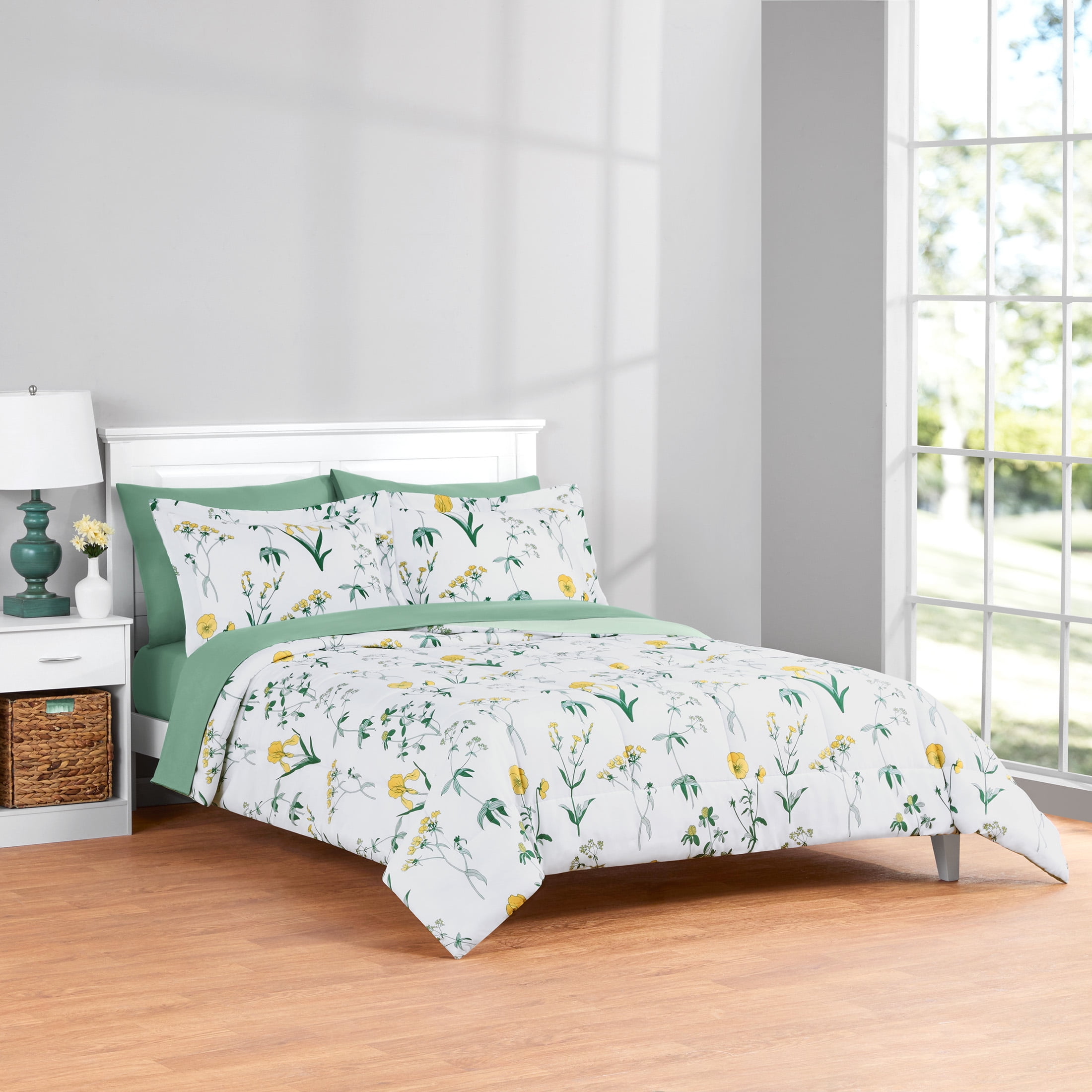 Mainstays All in One Reversible Comforter and Sheet set- 7 Piece, King, Golden Floral
