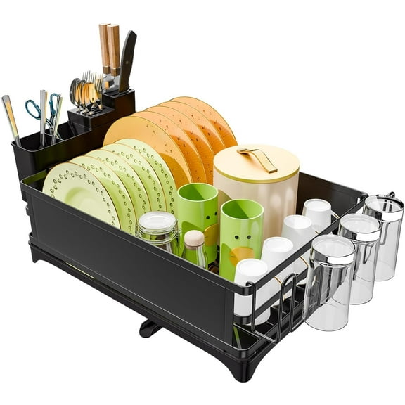 Dish Rack, Steel Dish Drying Rack for Kitchen Counter, Dish Drainer with Cutlery Holder for Large Capacity, Dish Drying Rack with drip Tray, Black