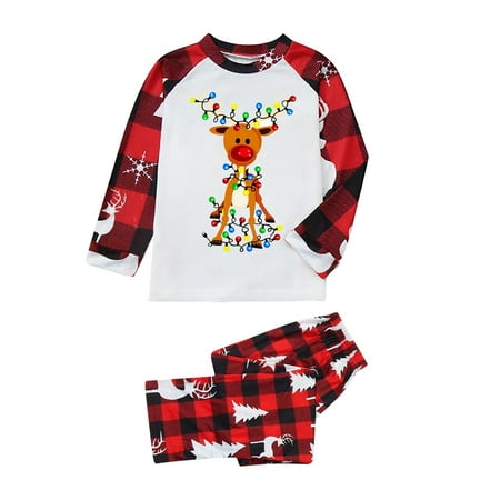 

TAIAOJING Christmas Pajamas for Family Pjs Matching Sets Kid Sleepwear For Christmas Cute Big Headed Deer Print Pjs Plaid Long Sleeve Tops And Pants Sleepwear