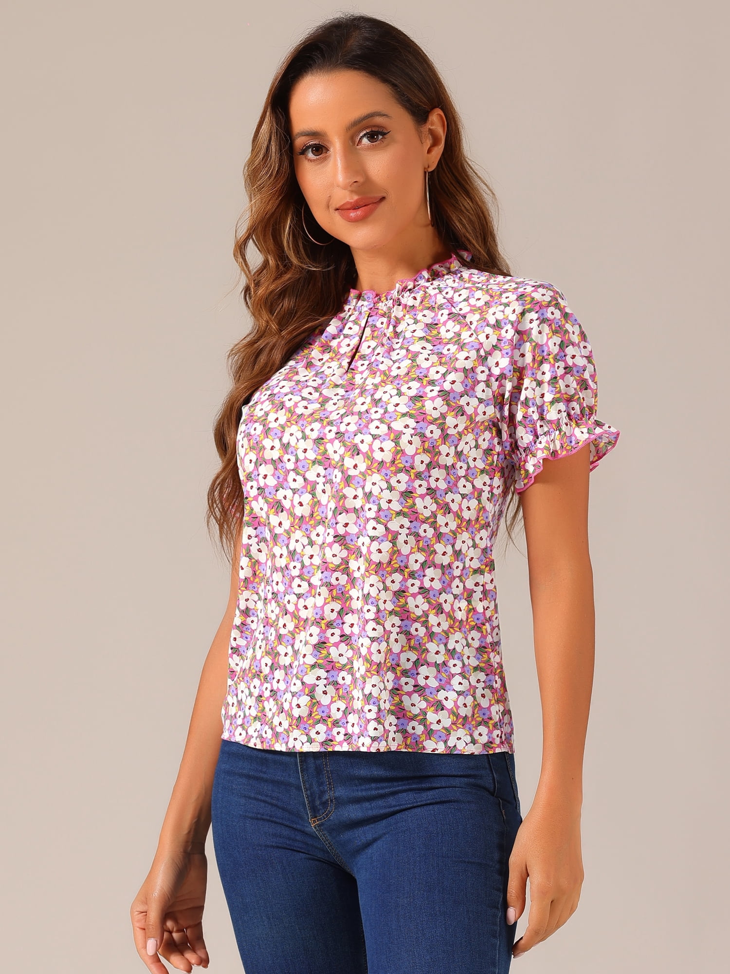 DARING DIVA Women's Floral Ruffled Neck Short Sleeves Top Blouse S Hot Pink