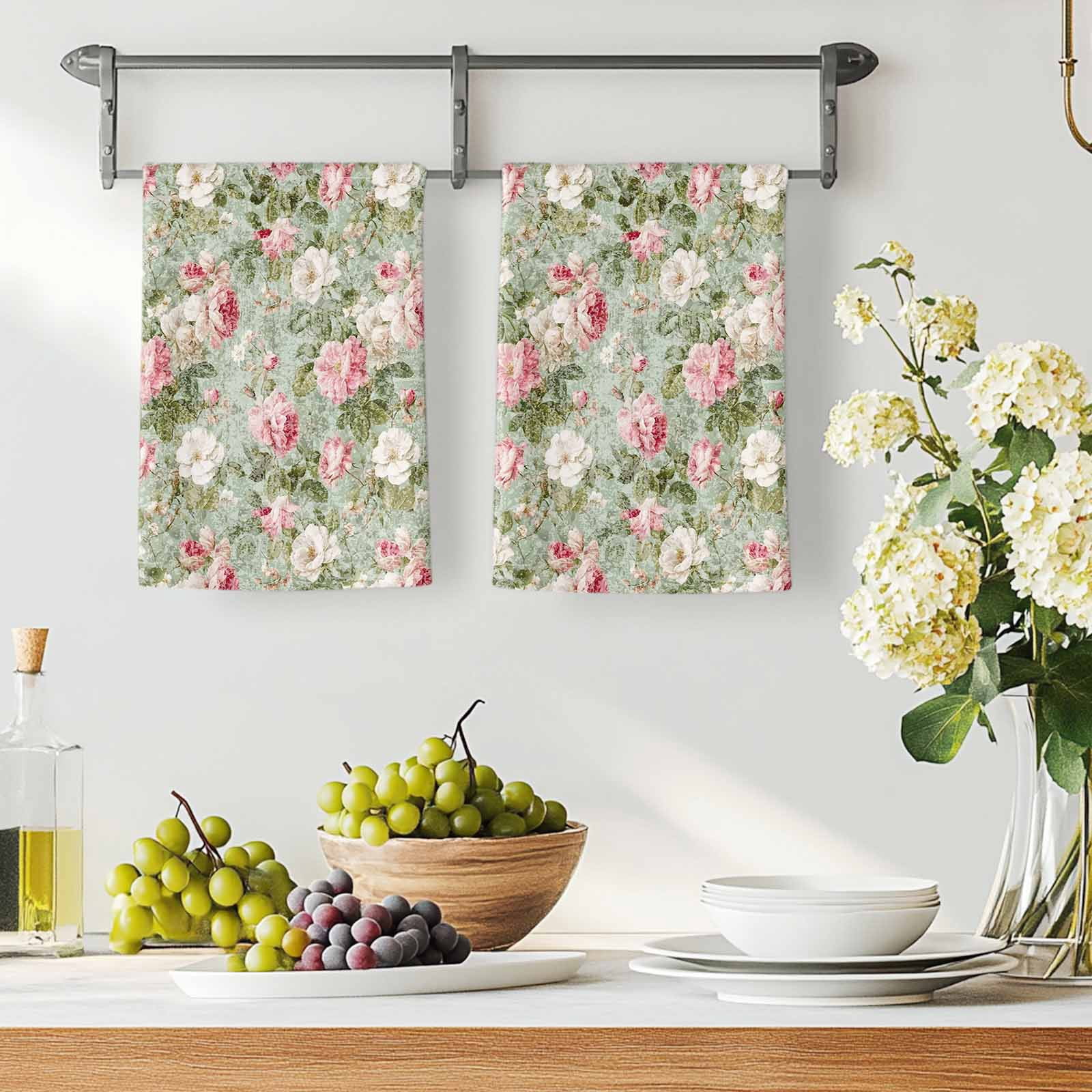 Dish Towels, Pink Bloom Flowers Absorbent Kitchen Towels 2 PCS, Retro Spring Floral Microfiber Hand Towels Dish Cloths Tea Towels for Home&nbsp;Bathroom Cleaning Drying,18X28-Inch,