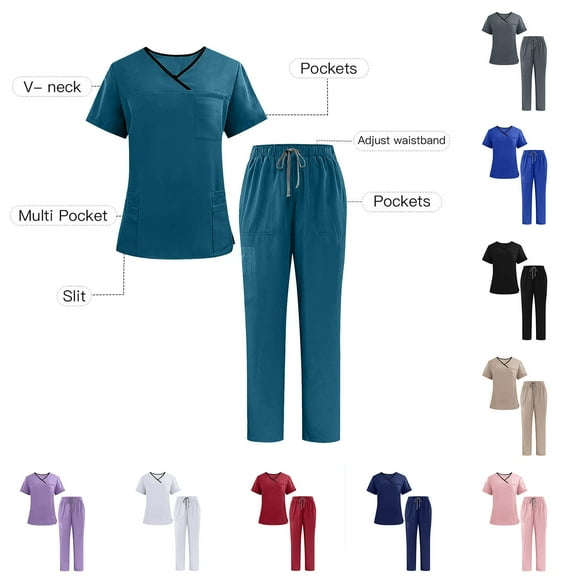 Scrubs Sets for Women Men with Pockets Short Sleeve V-Neck Unisex Solid Color Caregiver Shirt Elastic Pants Nurse Uniform Sets