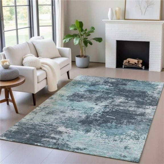 HomeRoots 630658 5 x 8 ft. Teal Blue & Navy Blue Abstract Washable Indoor & Outdoor Rectangle Area Rug