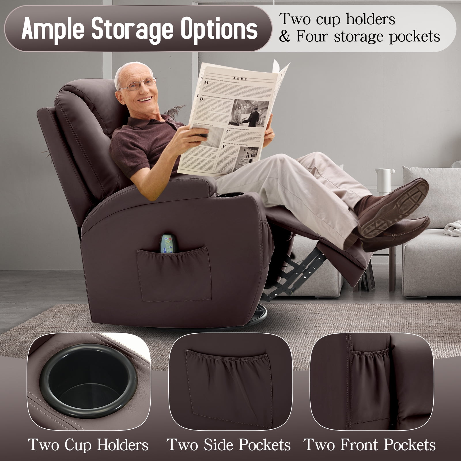 Korser Swivel Rocker Recliner Chair with Massage Faux Leather for Living Room,Brown