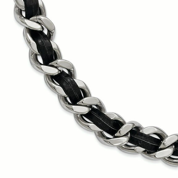 Finest Gold Stainless Steel Polished Black Leather Curb with 2 in. Extension Choker Necklace