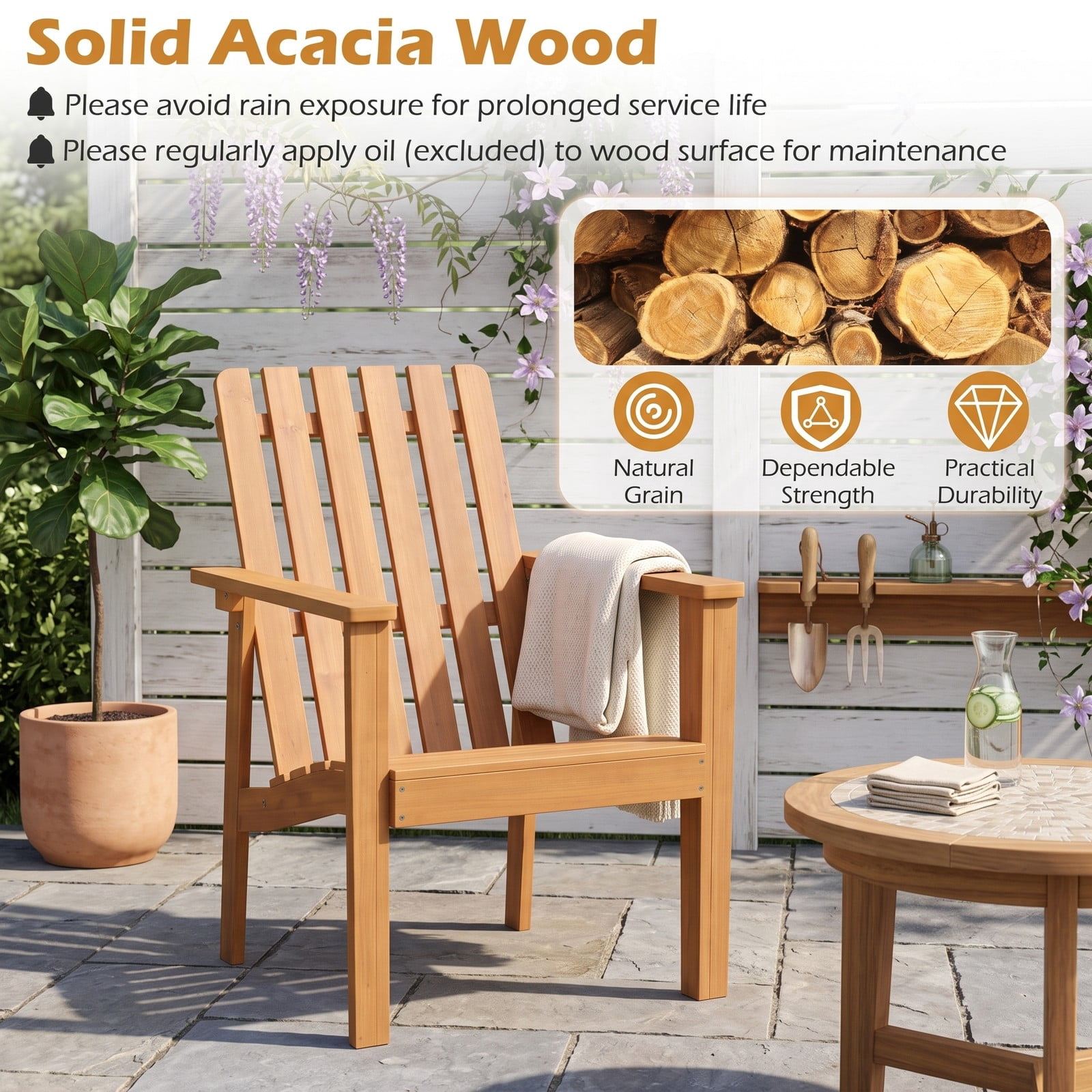 Furnibear 17-Inch Square Patio Acacia Wood Side Table with Slatted Top, Outdoor End Table for Garden Poolside Deck Balcony, Natural