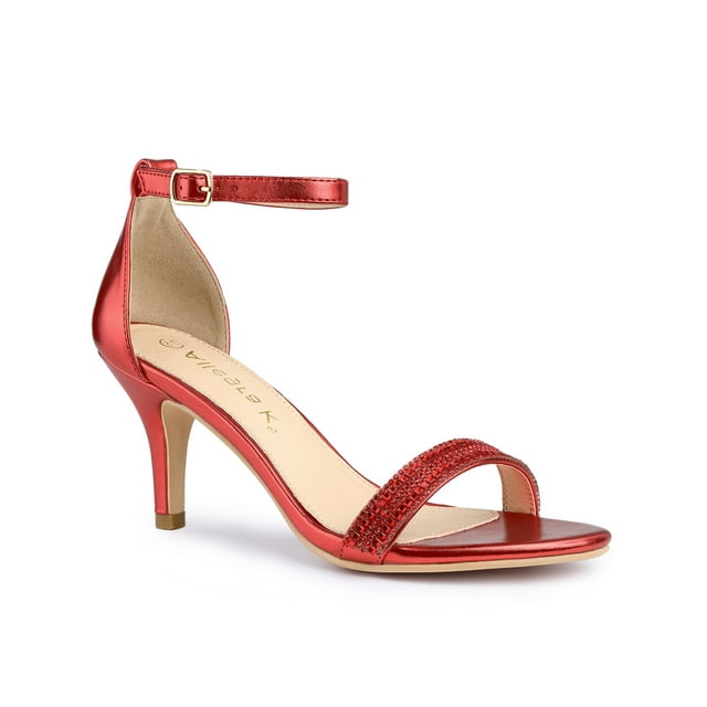 BLISSFUL STEP Women's Solid Color Open Toe Rhines Ankle Strap Stiletto Sandals Red 6