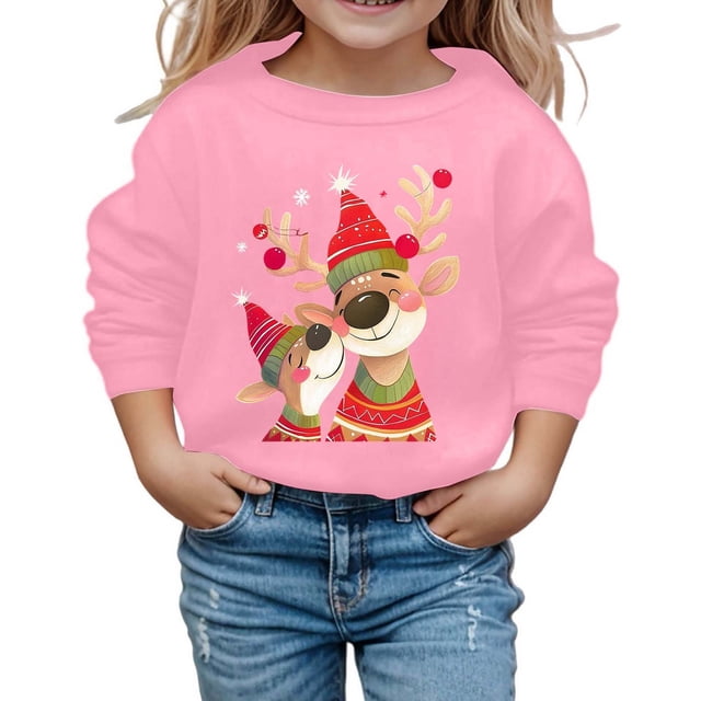 FYEGRE Haut à Capuche Confort Festif pour Fille, Imprimé Festif, Manches Longues, Col Rond, Chandail Confortable pour les Vacances, Rose 6-7 Ans