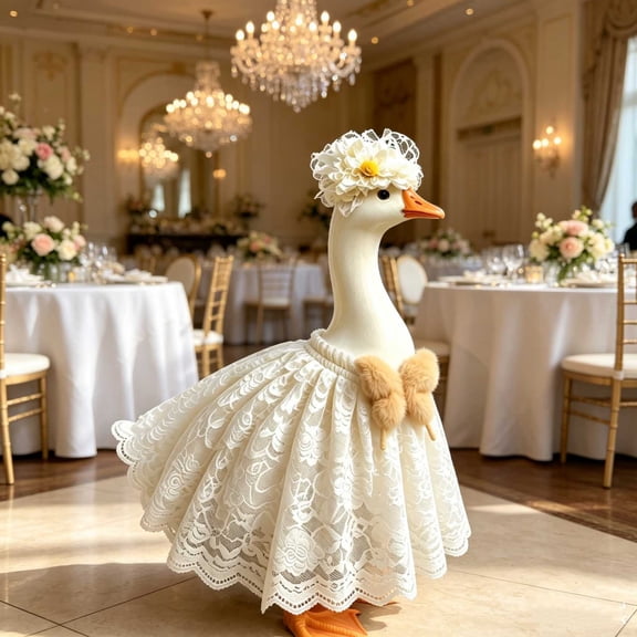 Elegant Porch Goose Wedding Outfit, White Lace Dress Costume with Floral Crown Headpiece Accessories for 23 Inch Porch Goose Garden Statue Decor
