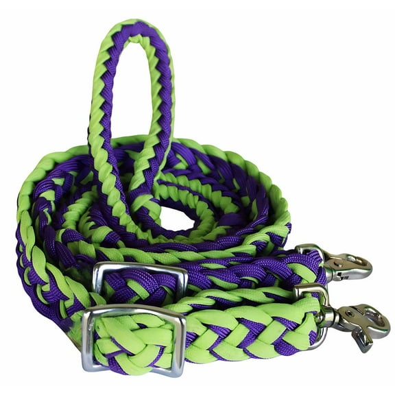 Horse Western Nylon Braided Knotted Roping Barrel Reins Lime Green Purple 60789