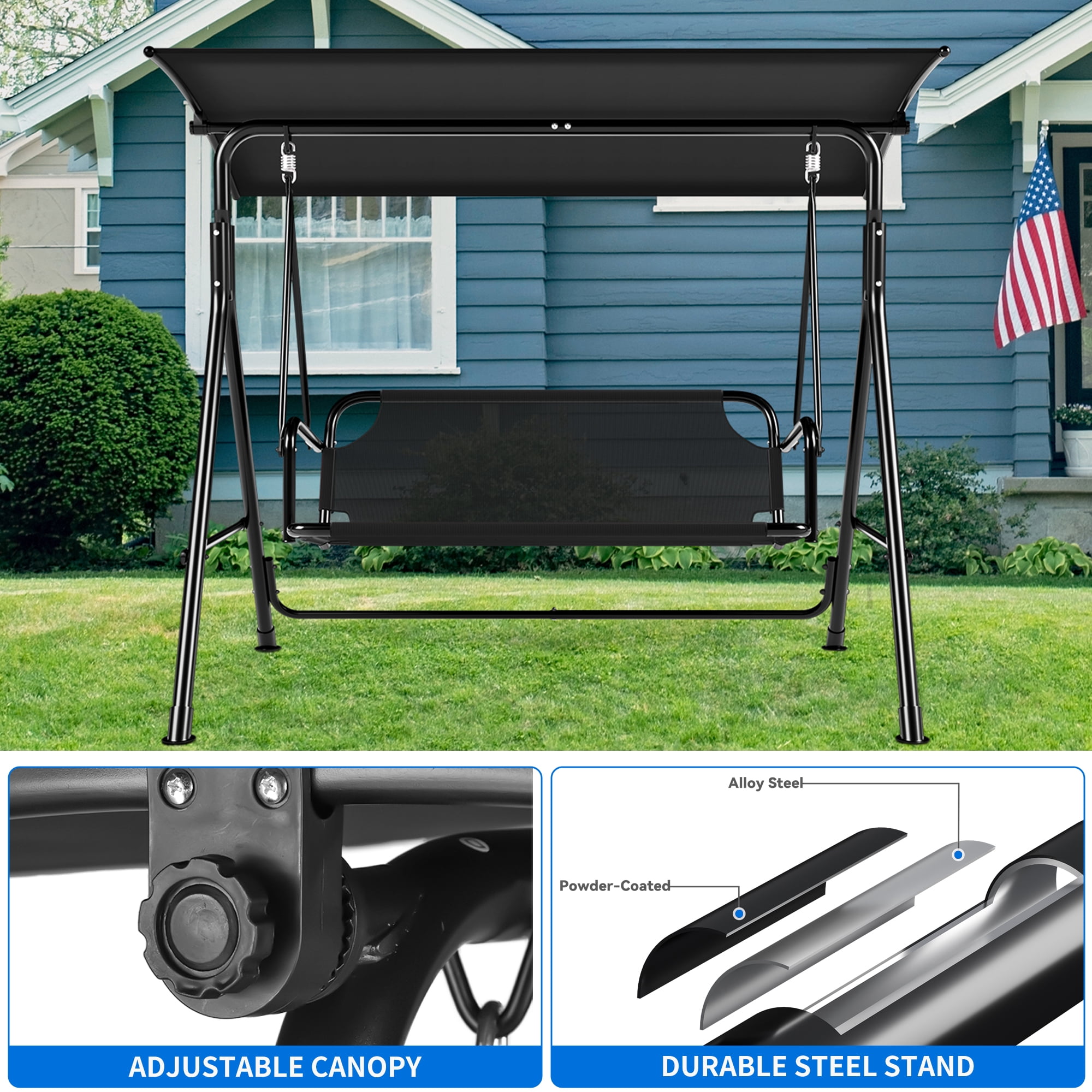 Uforic 3 Person Porch Swing Heavy Duty Outdoor Patio Swing Chair with Adjustable Canopy Weather Resistant Steel Frame for Garden, Lawn, Balcony, Black