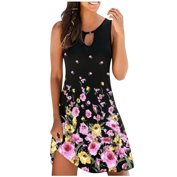 gakvbuo Summer Dresses For Women 2023 Tank Tunic Dress Swing Flowy Sundresses For Women Crewneck Shirt Dresses Sleeveless Floral Print Hollow Out Mini Dresses Casual Dresses Beach Dress For Women
