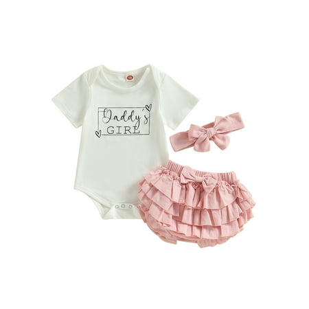 

Newborn Baby Girls Summer Outfit Sets Short Sleeve Daddy s Girl Rompers + Layered Ruffle Tutu Shorts + Headband Clothes