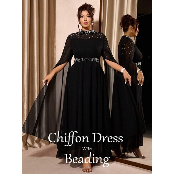 Black Chiffon Evening Dress With Beaded Stand Collar And Long Sheer Sleeves