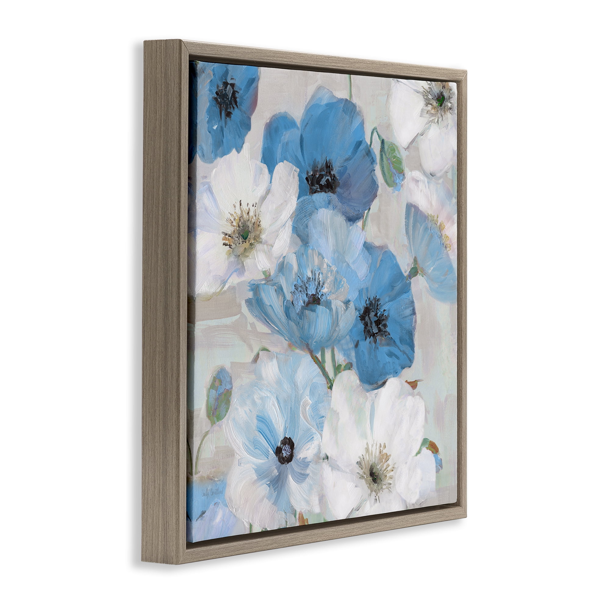 Stupell Industries Mixed Blue & White Blooms Plants & Flowers Painting Brown Floater Framed Canvas Art Print Wall Art, 18 x 18